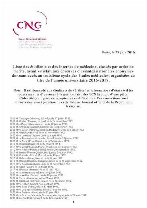 Liste des étudiants et des internes de médecine, classés par ordre de.